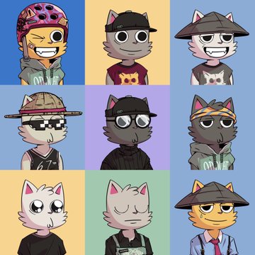 A 3x3 grid of cartoon cat character portraits, each wearing different hats and outfits against colored backgrounds.