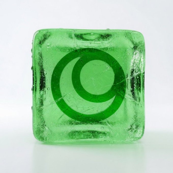 The image features a square, green glass cube sitting on top of a white surface. The cube has a unique design with a circle cut out in the center, which appears to be a symbol or logo. The background of the image is plain white, allowing the cube and its details to stand out prominently. There are no texts or other objects present in the image.