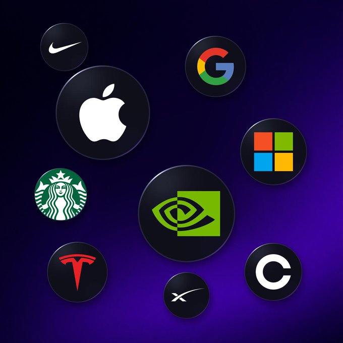 A collection of circular icons featuring recognizable brand logos including Apple, Nike, Google, Microsoft, Starbucks, NVIDIA, Tesla, and what appears to be a stock/exchange symbol, Coinbase, and X (formerly Twitter), displayed against a dark purple gradient background. The image visually represents the major companies whose tokenized stocks are supported on the Ethereum-based "sender" platform mentioned in the post.