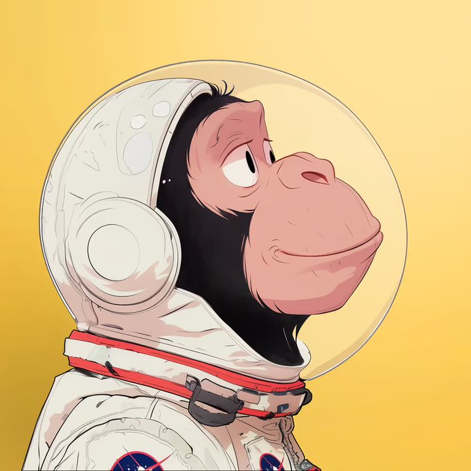 A cartoon chimpanzee wearing a white space suit with a bubble helmet and NASA patches gazes upward, celebrating the meme coin "space monkey" featured by @pwimates.