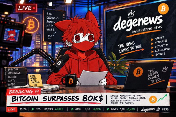 A crypto news broadcast graphic titled 'My degenews' featuring an anime fox character, with breaking news that 'BITCOIN SURPASSES 80K$' and BTC at 80,243.