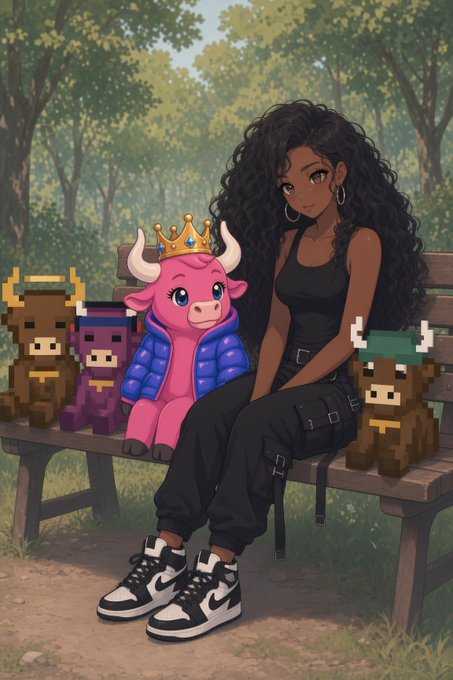 An anime-style illustration shows a dark-skinned woman with long curly hair sitting on a park bench alongside three pixelated bull-like characters and a pink bull wearing a crown and blue jacket.