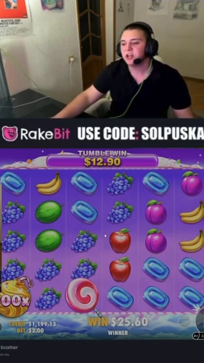 The image shows a man sitting at a slot machine with a purple background featuring various fruits such as bananas, apples, and grapes. The man appears to be playing the game, possibly trying his luck or enjoying the colorful display of fruit symbols on the screen. The post in the image is about a giveaway where players can win $USDT by entering their code.