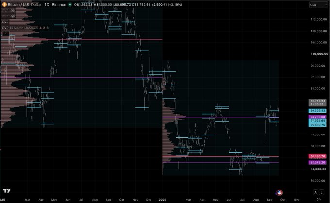 A daily Bitcoin/USD chart on Binance showing BTC at $81,695.73 with a 200-day moving average, featuring pivot points and various horizontal support/resistance levels.