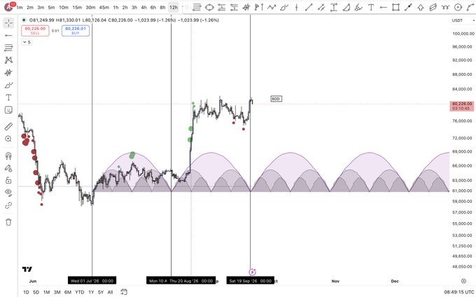 A TradingView chart showing USDT price movement with technical indicators, including pink semi-circular arcs and green/red dots, with price levels like 80,228.00 and 82,228.01 marked.