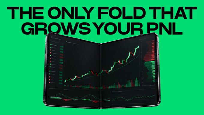 An advertisement with a green background showing a foldable phone displaying stock trading charts, with bold text reading 'THE ONLY FOLD THAT GROWS YOUR PNL'.