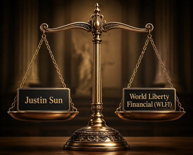 A golden balance scale weighing 'Justin Sun' against 'World Liberty Financial (WLFI)' against a classical judicial backdrop.