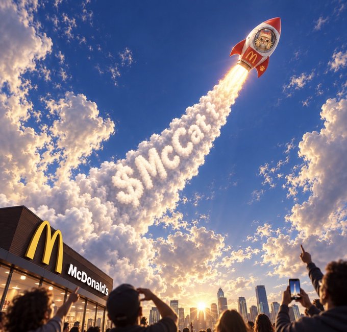 A surreal digital artwork showing a cat in a McDonald's-themed rocket ship flying into a blue sky, leaving a smoke trail that spells '#McCat' above a McDonald's restaurant.
