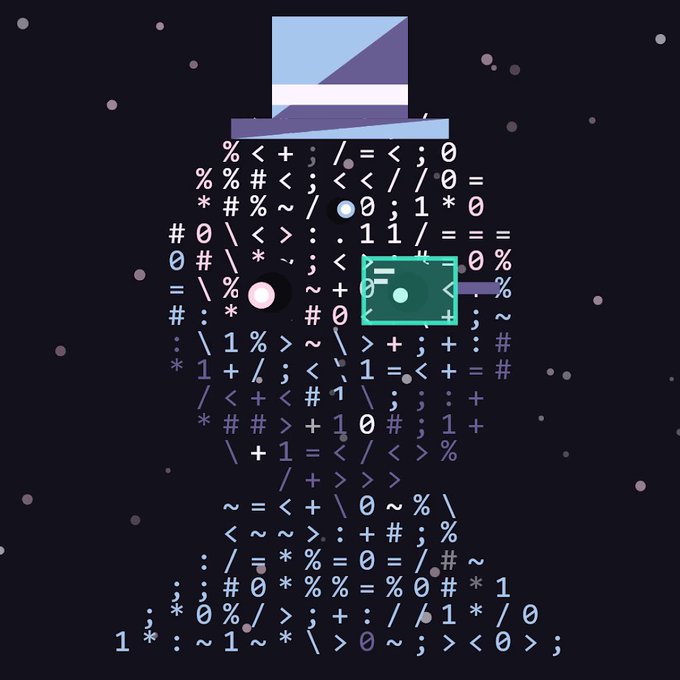 An ASCII art illustration of a robot-like figure made from various symbols, percentages, and numbers on a dark background.