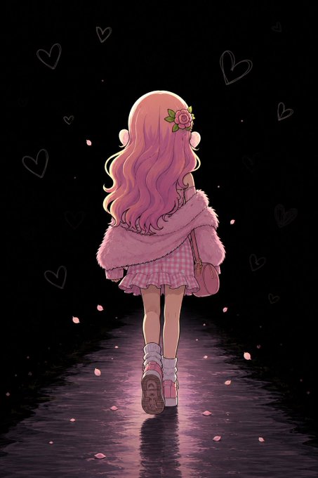 An anime-style illustration of a girl with pink hair and a fur shawl walking away down a dark path illuminated by pink petals and heart outlines.