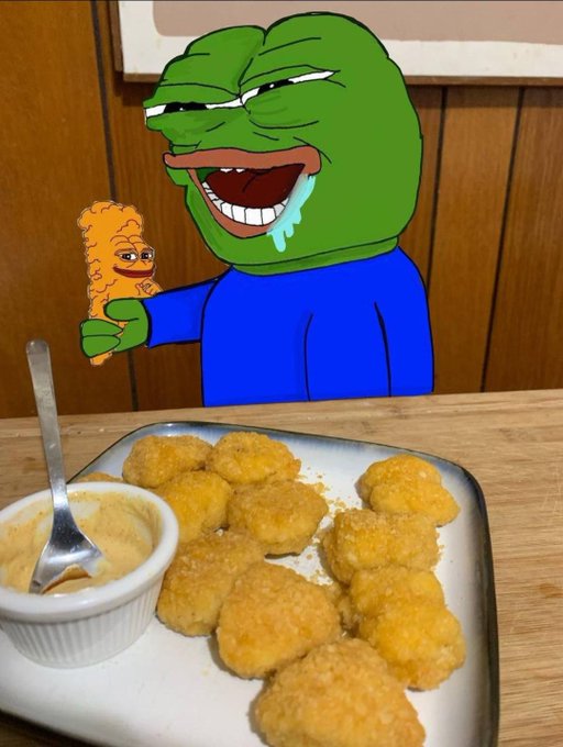 A Pepe the Frog meme character drools with excitement while holding a chicken nugget with a smiling face, sitting behind a tray of golden tater tots and a small bowl of dipping sauce.