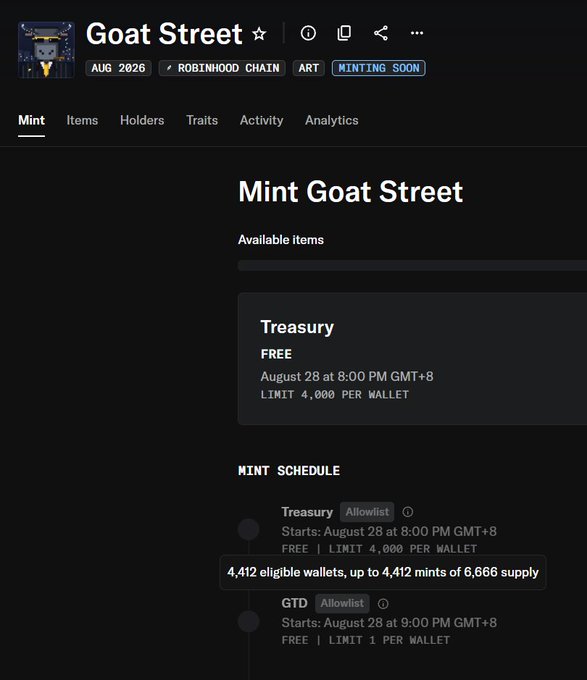 A webpage screenshot showing 'Goat Street' NFT minting details on Robinhood Chain, with a scheduled Treasury mint on August 28 and 4,412 eligible wallets.