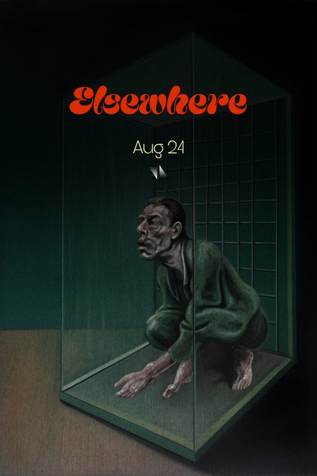 A surreal illustration of a gaunt figure crouched inside a transparent glass box with the text 'Elsewhere' and 'Aug 24' displayed above.