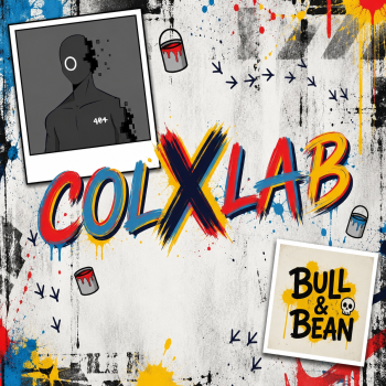 A colorful graffiti-style graphic featuring "COLXLAB" in stylized red and yellow letters, with a "Bull & Bean" badge and spray paint elements.
