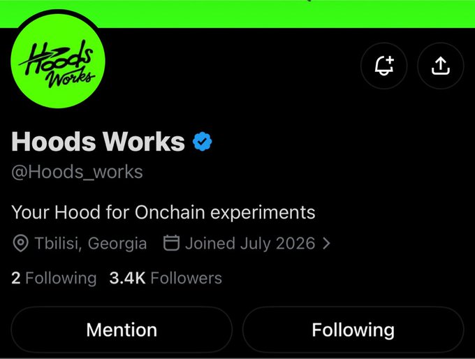 An X profile for 'Hoods Works' (@Hoods_works), verified, with bio 'Your Hood for Onchain experiments,' based in Tbilisi, Georgia, joined July 2026, with 2 following and 3.4K followers.