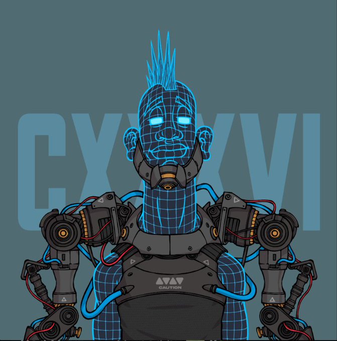 A digital illustration of a futuristic cybernetic figure with glowing blue wireframe skin, a spiky blue mohawk, and intricate mechanical armor with red and orange cables, set against a teal background with faded text.