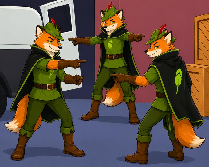 Three anthropomorphic foxes dressed in green tunics, black capes, and feathered caps point at each other in a circle, mirroring the meme about Robinhood and the fox symbol, which plays on the idea that "the fox has always been Robinhood." The playful scene visually reinforces the connection between the fox mascot and the trading platform's identity.
