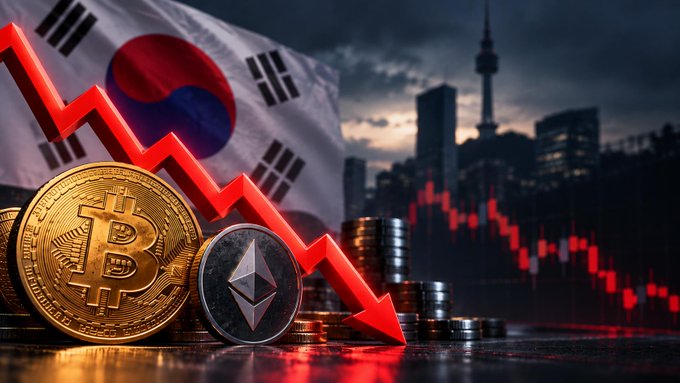 A dramatic graphic depicts a cryptocurrency market crash in South Korea, featuring Bitcoin and Ethereum coins beneath a downward red arrow and candlestick chart, with the South Korean flag and Seoul skyline in the background.