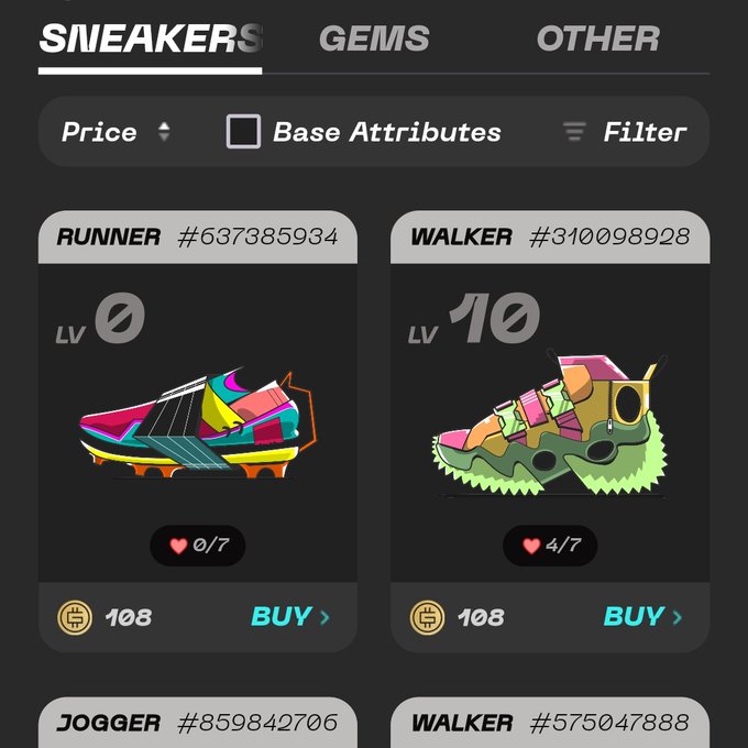 NFT marketplace 'Sneakers' tab displaying Runner (LV 0) and Walker (LV 10) shoe NFTs priced at 108 GMT each.