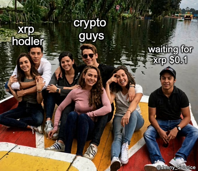 A meme using a photo of a group of smiling friends on a boat, labeled with "xrp hodler" on the left couple, "crypto guys" on the middle couple, and "waiting for xrp $0.1" on the right person.