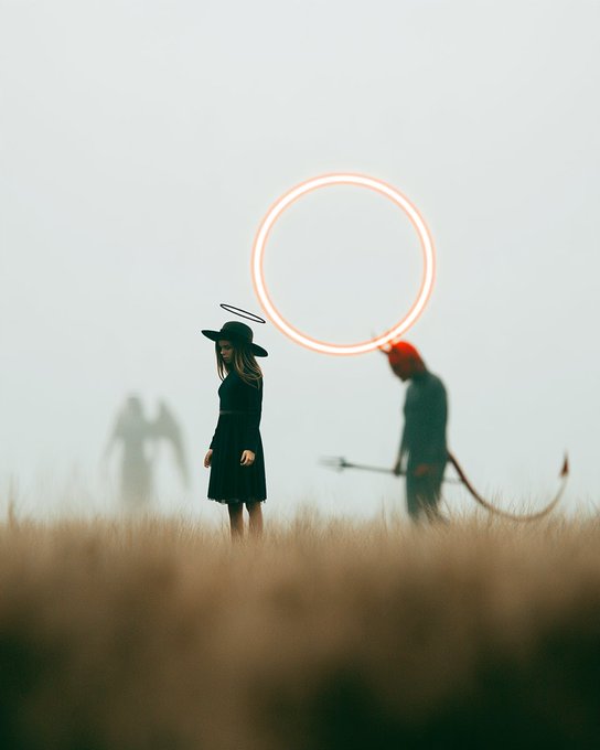 A surreal, cinematic photograph showing a girl with a halo standing in a foggy field, facing a figure with a glowing circular head holding a scythe, with another winged figure in the background.