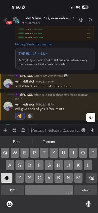 A screenshot of a Telegram chat titled "dePalma, Zz7, veni vidi v..." showing messages from user @RJ_SOL discussing "THE BULLS — Live," a Solana NFT project, with "veni vidi vici" being told they will receive "3 free mints" after the sellout, supporting the caption's complaint about the promised but unfulfilled 3 NFTs.