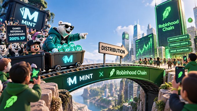 A promotional digital illustration shows a polar bear mascot in a MINT-branded mine cart crossing a bridge labeled 'M MINT x Robinhood Chain,' with crowds holding signs advertising 'GAMES REFERRALS LEADERBOARD 200% XP,' 'ONCHAIN FINANCE,' 'TOKENIZED ASSETS,' and 'MASS ADOPTION.'