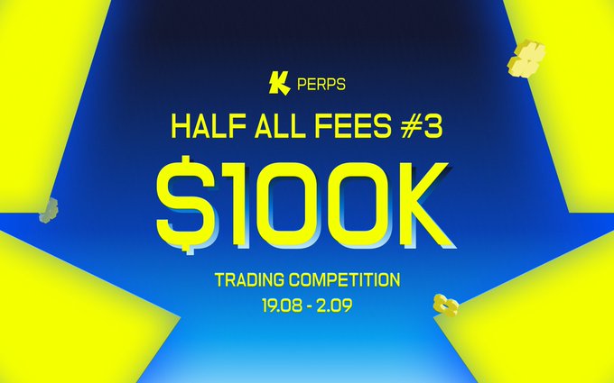 Promotional image for a "$100K Trading Competition" titled "HALF ALL FEES #3" by PERPS, running from 19.08 - 2.09, featuring bold yellow text on a blue background with coin graphics, representing the fully unlocked $100K USDC prize pool for the trading milestone challenge.