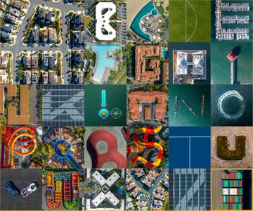 A grid collage of 25 aerial photographs depicting real-world locations shaped like letters of the alphabet (including B, F, P, S, T, V, and U), showcased as a generative art piece by @cafromthesky and available as a hardcover book on @SuperRare.