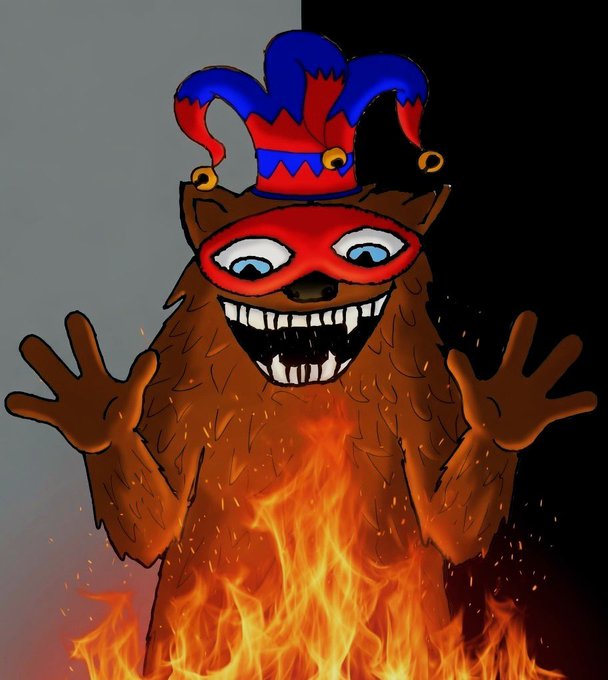 A cartoon bear wearing a red and blue jester mask and hat stands with arms outstretched as flames engulf its lower body, symbolizing the "Burn to Rise" theme of sacrifice for potential gains, while the fiery imagery visually reinforces the post's message about the overnight divergence between Stellar (XLM) and Ripple (XRP).