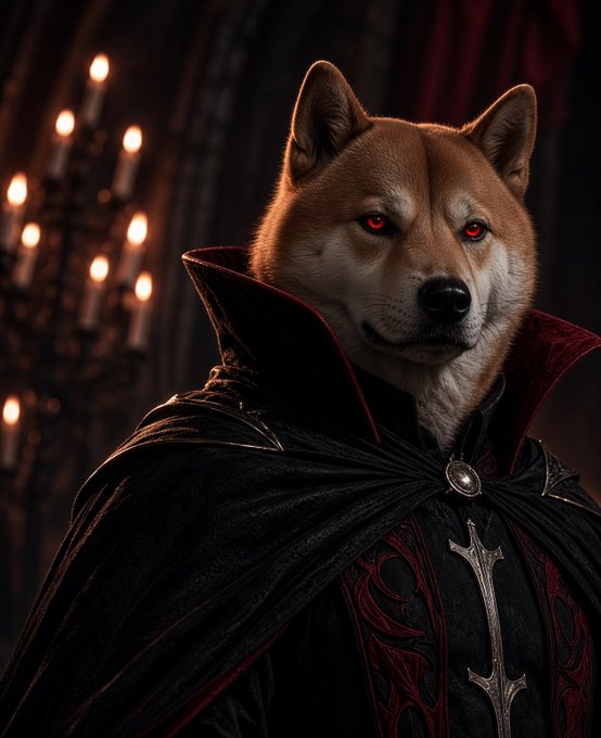 A digitally rendered portrait of a Shiba Inu dog with red eyes, dressed in a dark, ornate cloak with red detailing and a decorative clasp, set against a dark background with warm candlelight.