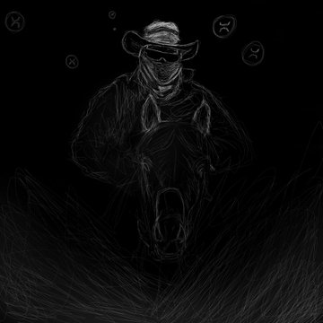 A dark, stylized sketch depicts a mysterious cowboy figure in a wide-brimmed hat riding a horse, set against a black background with small XRP logos floating in the corners.