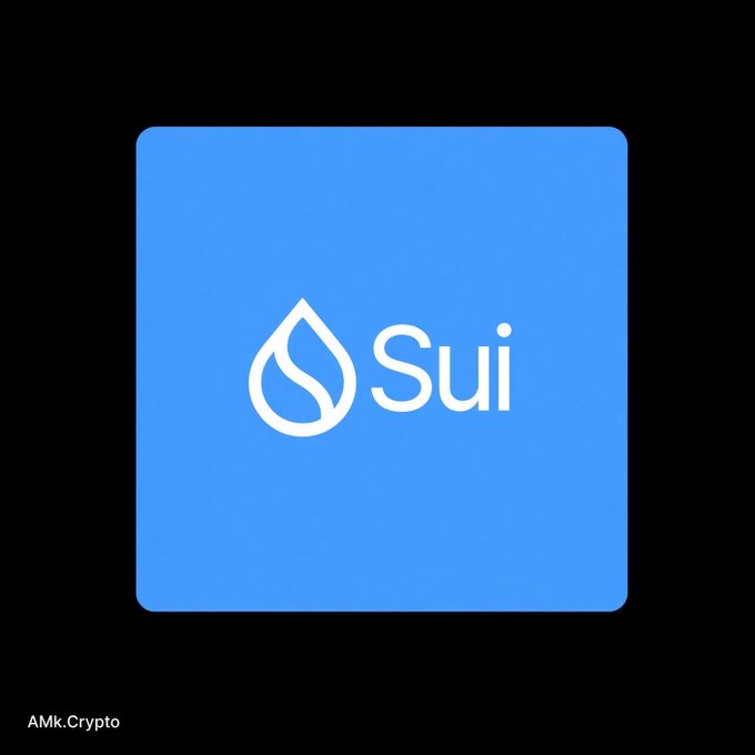 The Sui cryptocurrency logo, featuring a stylized water droplet design, is displayed on a blue square background against black, with 'AMk.Crypto' watermarked in the corner.