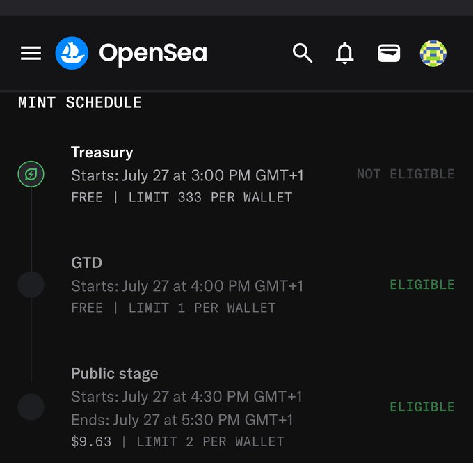 A mobile screen of OpenSea displays a 'MINT SCHEDULE' with phases including 'Treasury', 'GTD', and 'Public stage', showing eligibility and pricing details.