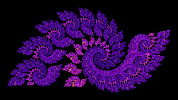 A vibrant purple and pink fractal artwork featuring intricate swirling, leaf-like patterns on a black background, resembling traditional paisley designs.