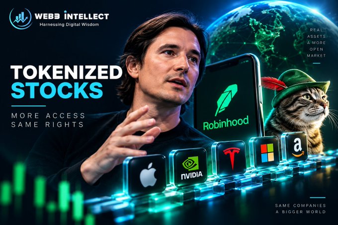 The image is a promotional graphic from "WEB3 INTELLECT: Harnessing Digital Wisdom," featuring Robinhood CEO Vlad Tenev speaking alongside a cat wearing a green feathered hat and a Robinhood-branded smartphone, with a digital globe and stock ticker icons representing Apple, NVIDIA, Tesla, Microsoft, and Amazon. Bold text reads "TOKENIZED STOCKS: MORE ACCESS SAME RIGHTS" and "REAL ASSETS A MORE OPEN MARKET," with the tagline "SAME COMPANIES A BIGGER WORLD" — visually reinforcing Tenev's argument that tokenized stocks don't require new regulations because they preserve shareholder rights while expanding market access.