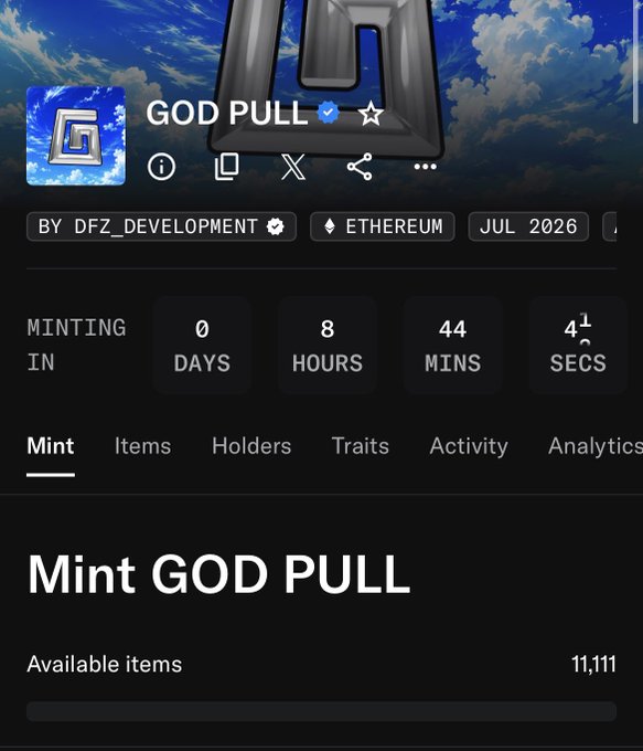 A mobile app screenshot for an NFT project titled 'GOD PULL' by 'DFZ_DEVELOPMENT' on the Ethereum blockchain, showing a countdown timer to the July 2026 mint with 11,111 available items.