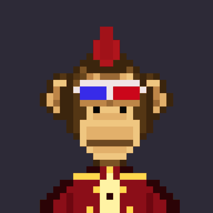 A pixel-art portrait of a monkey wearing red, white, and blue 3D glasses and a red and yellow outfit, with a small red flame-like shape on its head, set against a dark blue background. The retro NFT-style monkey aligns with the post's theme of celebrating fully onchain art by rewarding the first 100 wallets.