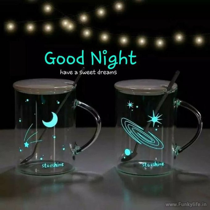 Two glass mugs with glow-in-the-dark celestial designs (a moon with stars and a galaxy) under text reading 'Good Night have a sweet dreams' and a 'www.Funkylife.in' watermark.