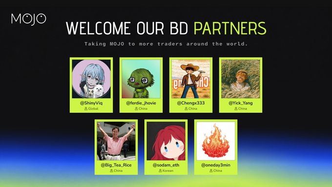 A promotional graphic for MOJO welcoming their BD Partners including @ShinyYiq (Global), @ferdie_jhovie (China), @Chengx333 (China), @Yick_Yang (China), @Big_Tea_Rice (China), @sodam_eth (Korean), and @oneday3min (China).