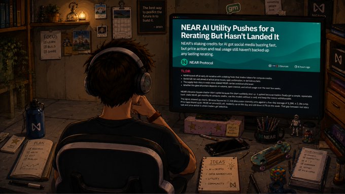 An illustration shows a person wearing headphones at a desk, viewing an article titled "NEAR AI Utility Pushes for a Rerating But Hasn't Landed It" by NEAR Protocol, surrounded by sticky notes and crypto-related desk accessories.