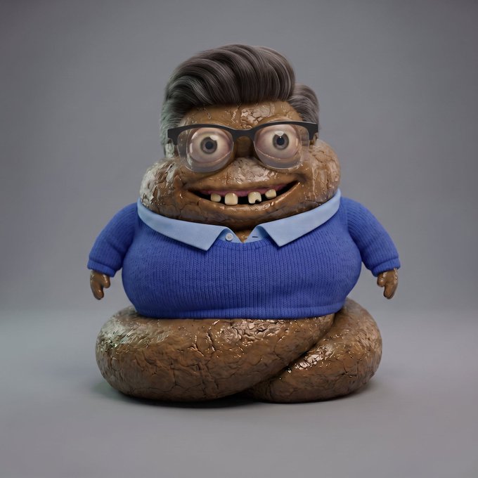 A 3D-rendered, cartoonish character resembling a coiled pile of feces wearing glasses, a blue sweater over a collared shirt, and sporting a styled haircut with a toothy smile.