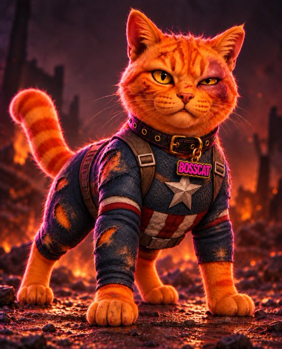 A digitally rendered orange tabby cat dressed in a battle-worn Captain America-style superhero costume with a star emblem, set against a fiery destruction backdrop, with a 'BOSSCAT' name tag.