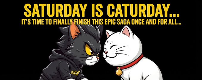 The image features a cartoon cat wearing a hoodie, with another cat wearing a collar and both cats looking at each other. The caption reads "SATURDAY IS CATURDAY... It's time to finally finish this epic Saga once and for all...".