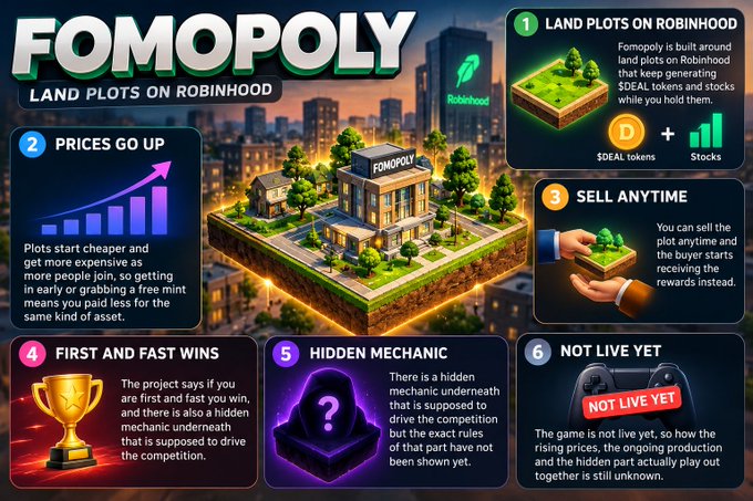 A colorful infographic titled “FOMOPOLY — LAND PLOTS ON ROBINHOOD” describes land lots, rising prices, selling anytime, first-and-fast wins, a hidden mechanic, and the project not being live yet.