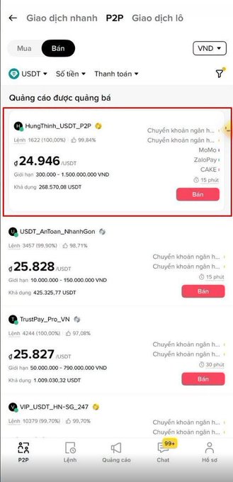 A Vietnamese P2P cryptocurrency trading app screenshot showing USDT/VND buy and sell listings, with one highlighted seller "HungThinh_USDT_P2P" offering 24,946 USDT at a rate of 1:500,000,000 VND.