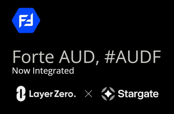 The image shows a black background with white text that reads "Forte Aud, #audf", which appears to be an advertisement for a product or service. The text also mentions that the product is now integrated into LayerZero.