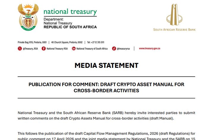 The image shows an official media statement from South Africa's National Treasury and South African Reserve Bank announcing a 60-day public comment period on a draft Crypto Assets Manual for cross-border activities, directly tied to new capital flow management regulations that will cap individual crypto transfers abroad at $120,000 annually (up to $600,000 for tax-compliant users) and require exchange reporting of offshore transfers.