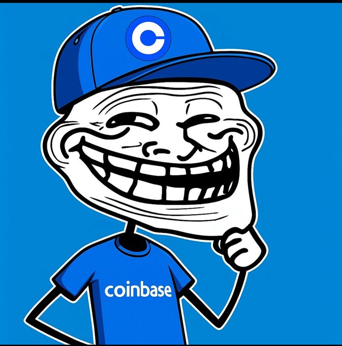 A cartoon troll face wearing a blue Coinbase cap and a blue t-shirt with the 'coinbase' logo stands against a solid blue background with a mischievous grin.