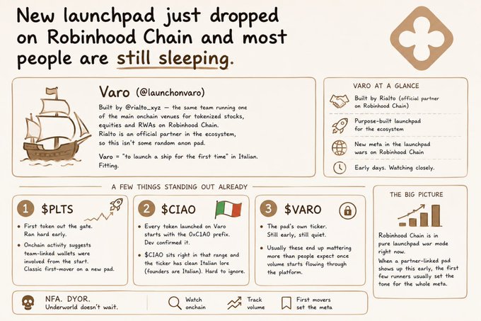 An infographic promoting the new launchpad "Varo" (@launchonvaro) on Robinhood Chain, featuring tokens $PLTS, $CIAO, and $VARO, noting that Varo was built by Rialto and is the first pad to use the OIC1AO prefix.